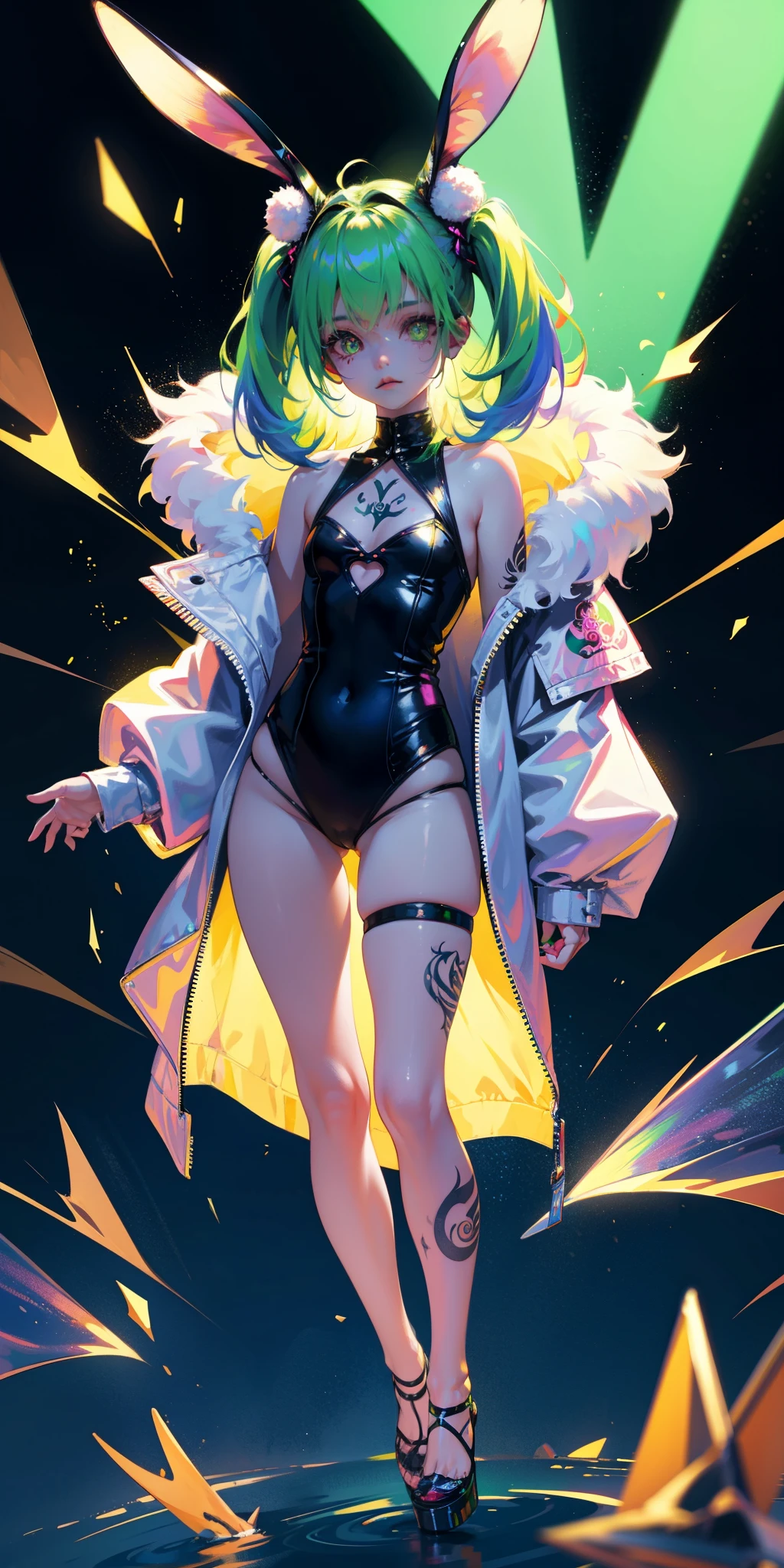 Rabbit technique , Science Fiction, Fluffy ,
1 girl, Tattoo, Glowing tattoo, Glowing eyes, Colorful glowing hair , Full body love, Green Hair,
Kawaiitech, Soft colors, Kawaii, Lovely colors,