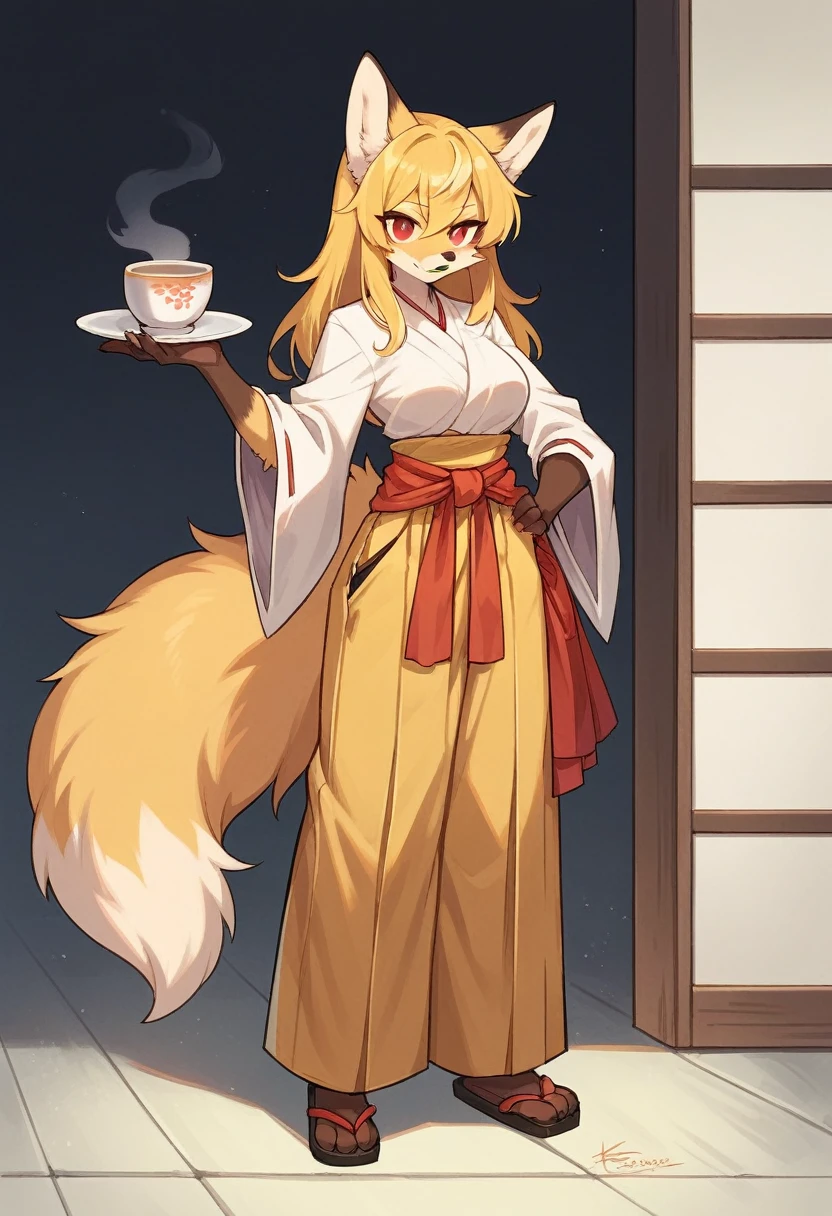 (full body,A Cup,The left hand is on the hip,The right hand is hidden),Fox woman, Furry, Golden fur, Golden facial fur, long golden hair, The hair on his hands is golden, Golden yellow hair on the back of the hand, Light-filled eyes, Red eyes, Brown elements of fur,Hakama,Sword on waist,Very fine fur, Fluffy tail,A Cup