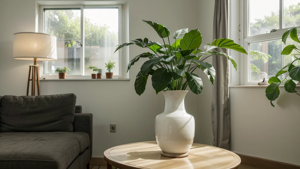 On a light background in the living room、A plant with green leaves arranged in a white vase。photograph、8K