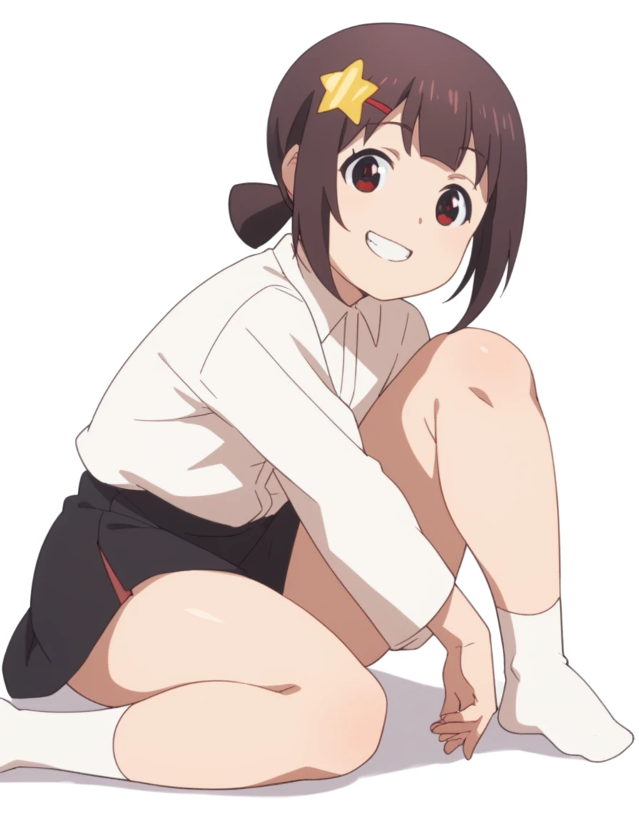 komekko, White background, Whole body, smile, looking at the viewer, child_ black skirt, white socks, White shirt, layer, thighs 