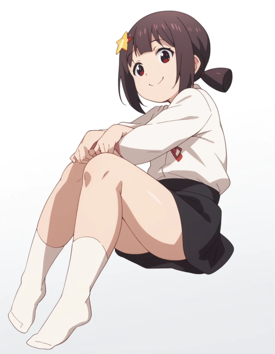 komekko, White background, Whole body, smile, looking at the viewer, child_ black skirt, white socks, White shirt, layer, thighs 