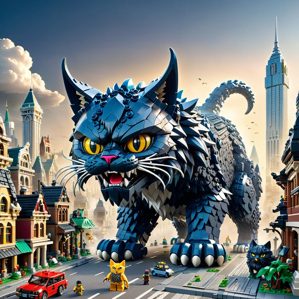 best quality, very good, 16K, ridiculous, Very detailed, Giant Cat Monster,Made of Lego, Destroying the city((A masterpiece full of fantasy elements))), ((best quality)), ((Intricate details))(8K)