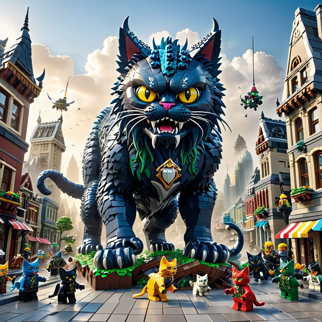 best quality, very good, 16K, ridiculous, Very detailed, Giant Cat Monster，，Made of Lego, （（Destroying the city））（（A masterpiece full of fantasy elements）））， （（best quality））， （（Intricate details））（8K）