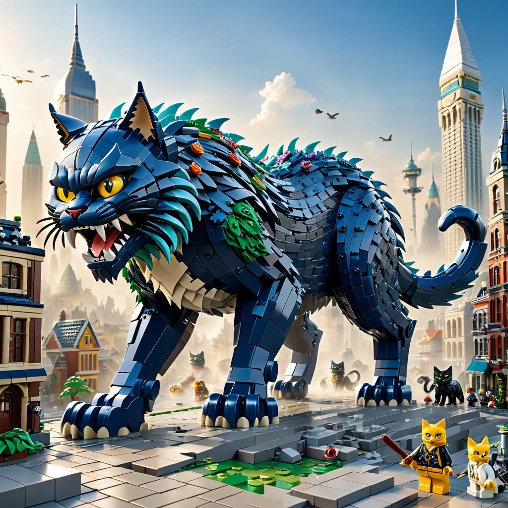 best quality, very good, 16K, ridiculous, Very detailed, Giant Cat Monster，，Made of Lego, （（Destroying the city））（（A masterpiece full of fantasy elements）））， （（best quality））， （（Intricate details））（8K）