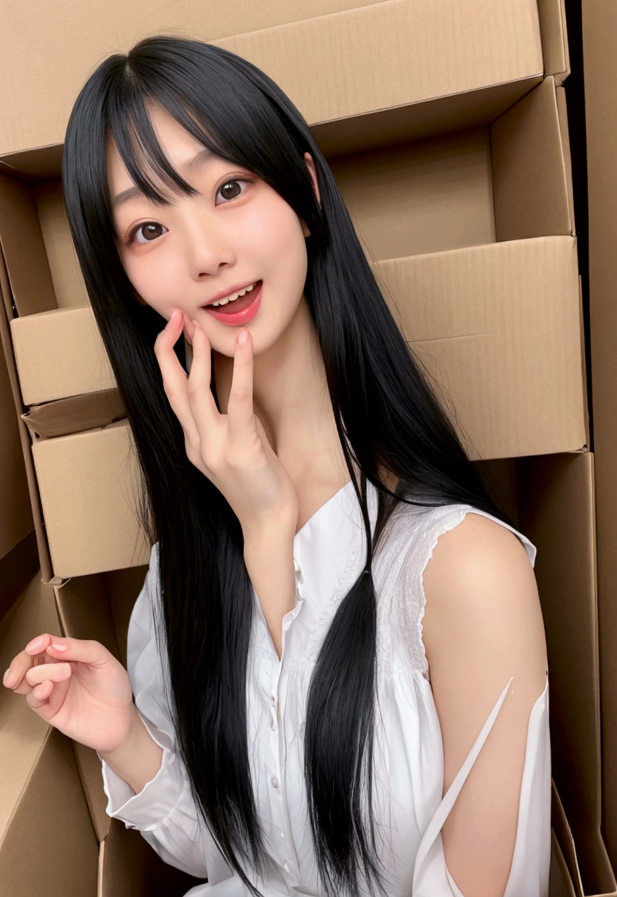 (28 years old,Beautiful Japanese,Round face、Seems kind、Iris、 ,(Black Hair),(Medium Long Hair),high quality、masterpiece:1.2,(Genuine、photo Genuine:1.4),break,blouse,Have a box,Overjoyed,Open your mouth