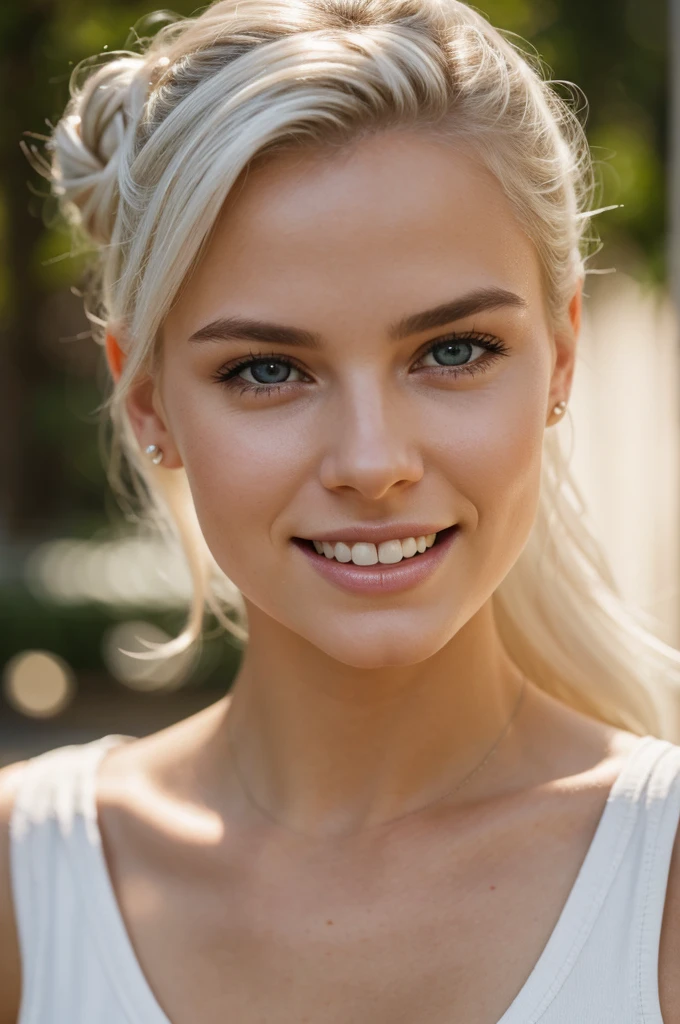 gorgeous, beautiful, 21 years old scandinavian, white hair in a bun, best portrait photo ever, men magazine portrait, beautiful smile, perfect teeth, seductive, flirty, face photo, best tourist attraction background, smiling, detailed skin, realistic, photo-realistic, 8k sharp focus, highly detailed, full length frame, High detail RAW color art, piercing, diffused soft lighting, shallow depth of field, sharp focus, hyperrealism, cinematic lighting