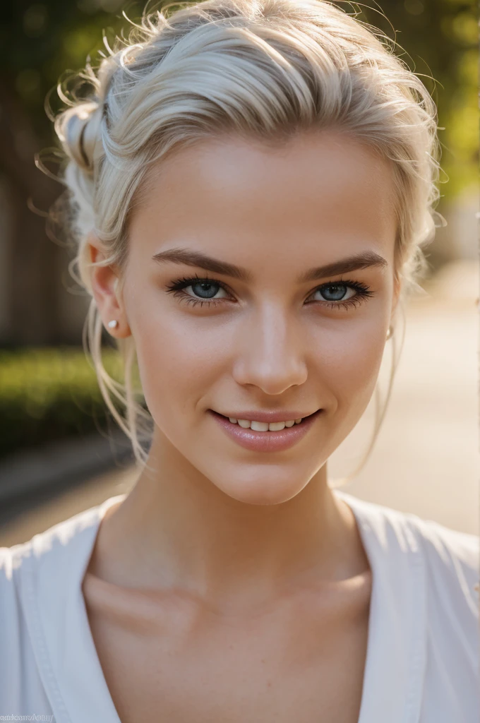 gorgeous, beautiful, 21 years old scandinavian, white hair in a bun, best portrait photo ever, men magazine portrait, beautiful smile, perfect teeth, seductive, flirty, face photo, best tourist attraction background,  smiling, detailed skin, realistic, photo-realistic, 8k sharp focus, highly detailed, full length frame, High detail RAW color art, piercing, diffused soft lighting, shallow depth of field, sharp focus, hyperrealism, cinematic lighting