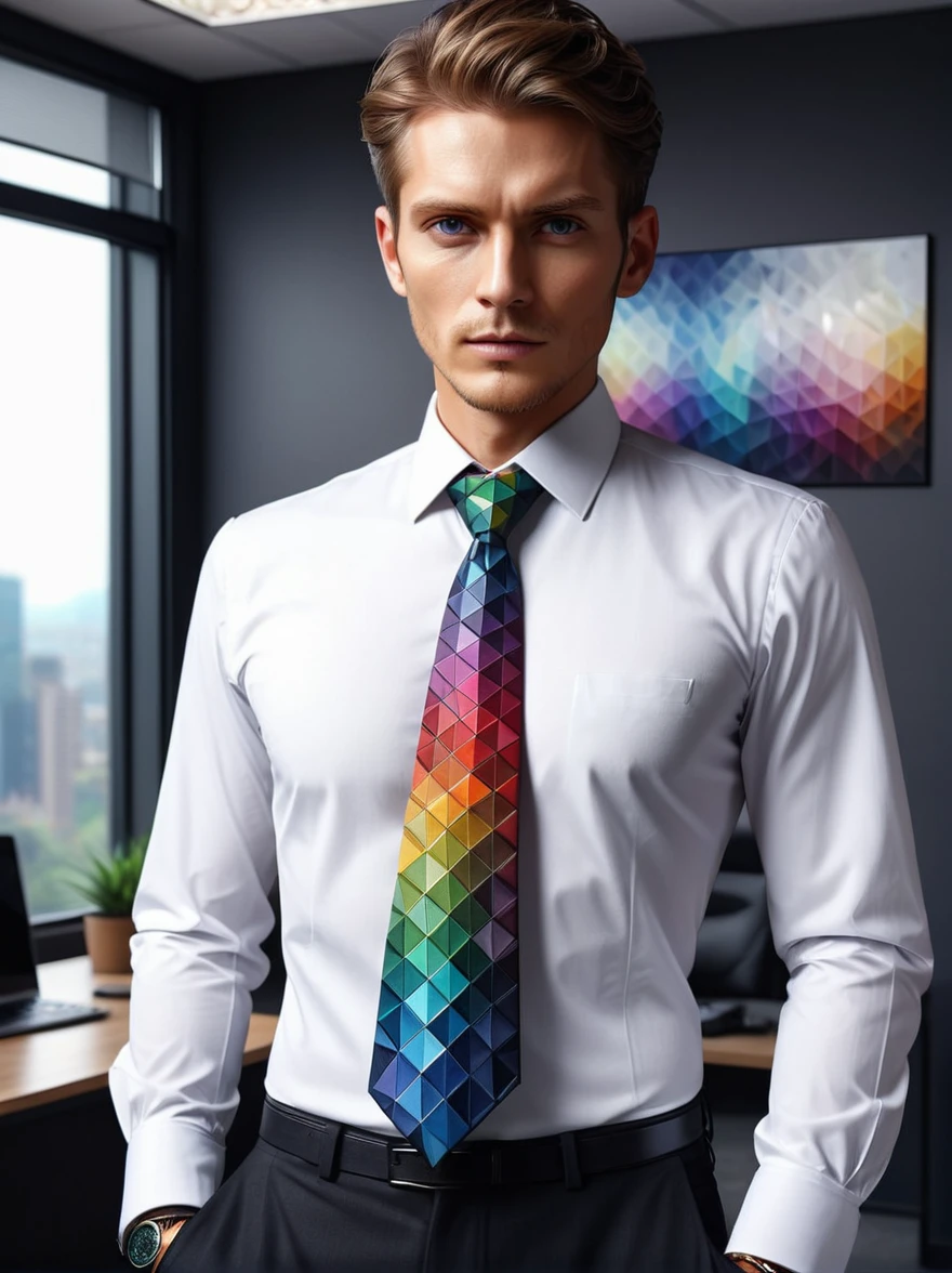 Colorful mad triangle tie and white shirt in the office、Man in black suit(masterpiece:1.2), Highest quality, (Ultra-detailed, Most detailed:1.2), High resolution textures