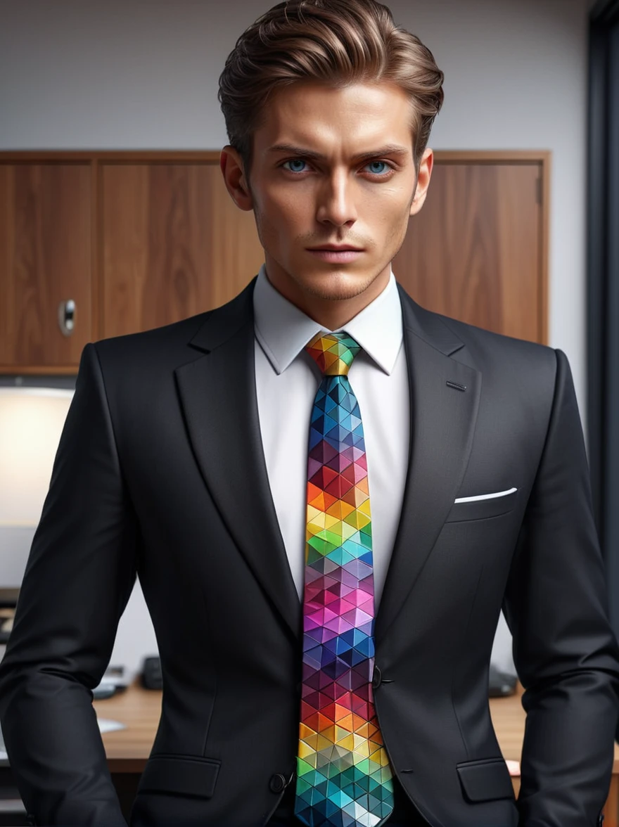 Colorful mad triangle tie and white shirt in the office、Man in black suit(masterpiece:1.2), Highest quality, (Ultra-detailed, Most detailed:1.2), High resolution textures