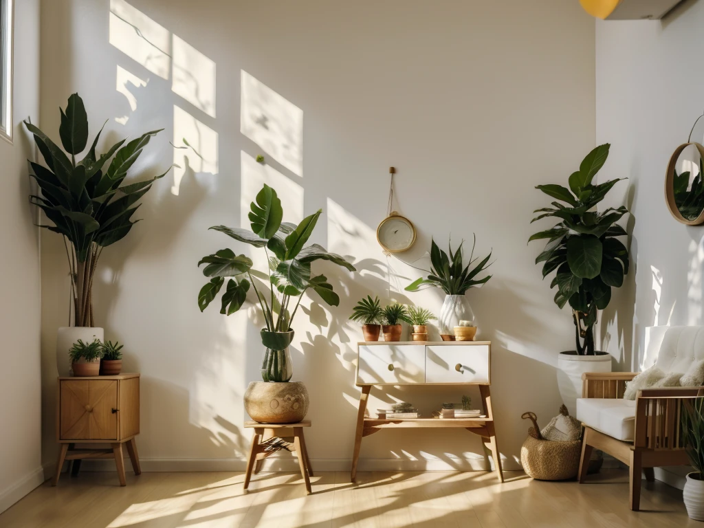 On a light background in the living room、A plant with green leaves arranged in a white vase。There is sunshine、Shadows of leaves are cast。The leaves are close to the screen