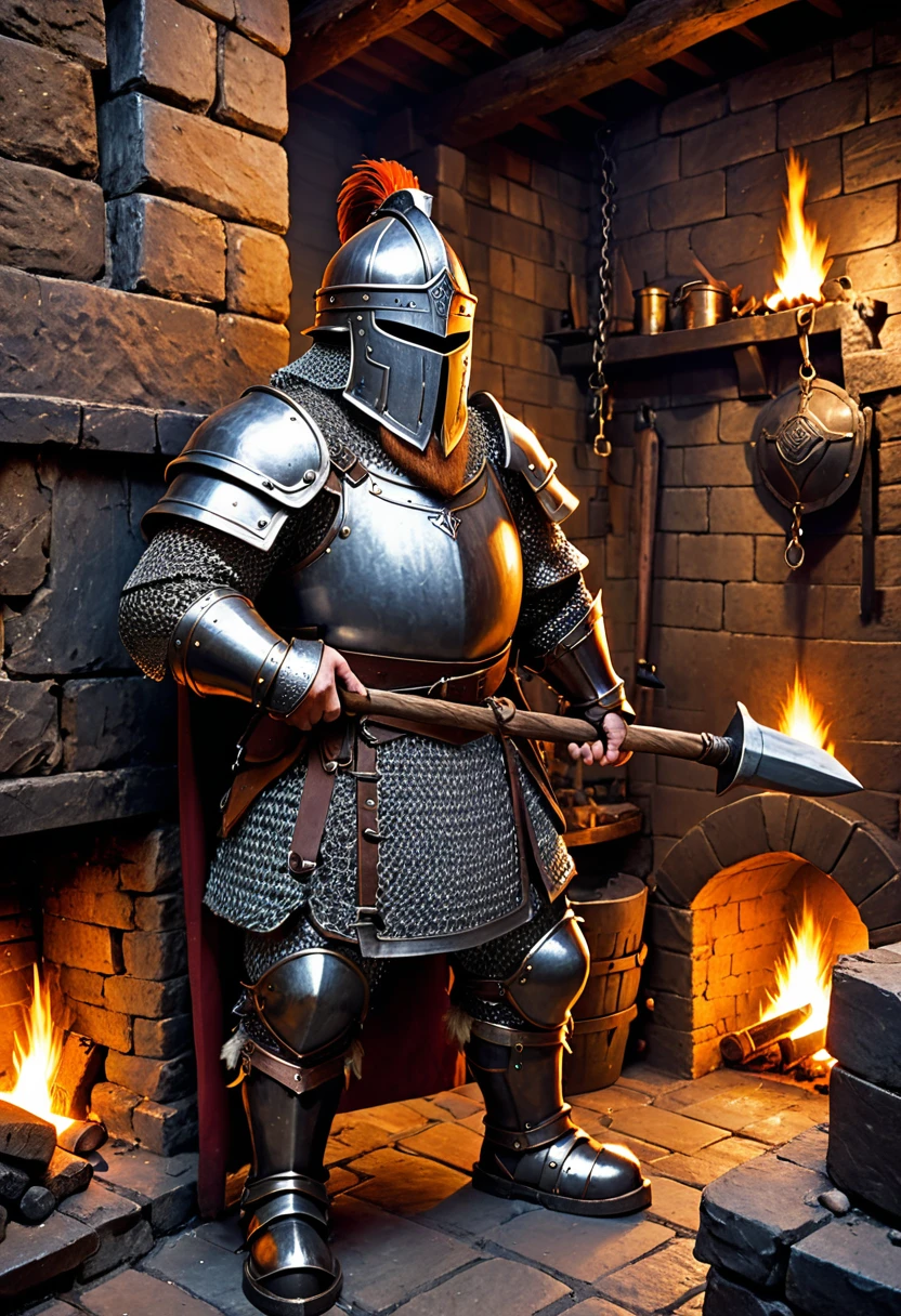dwarf with heavy chainmail armor. he is holding a hammer. he is standing in a forge with a fireplace. a helmet hangs on the wall.