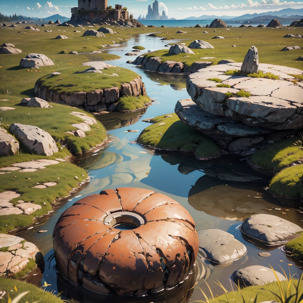 large rusty cylindrical piece on a rocky area with grass, puddles, Stones, beautiful sky and rocks in the distance, post apocalypse