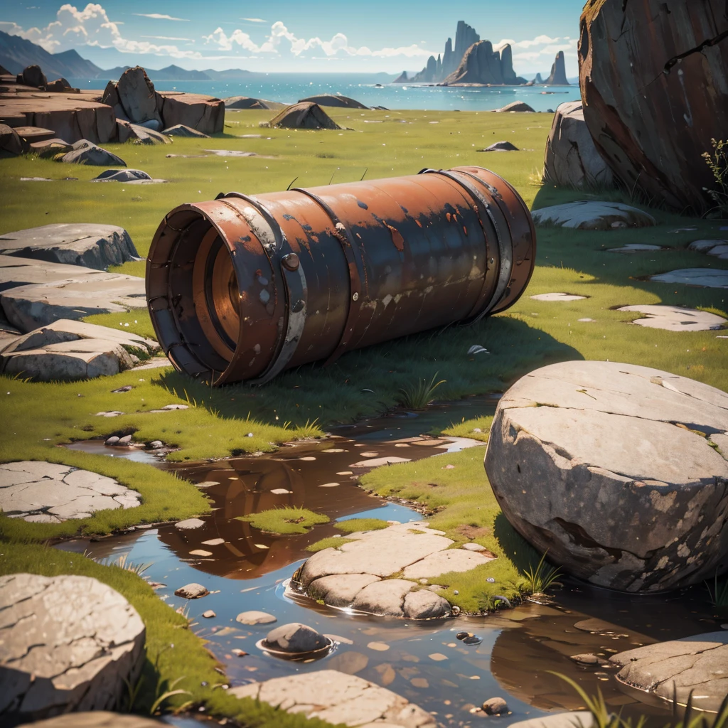large rusty cylindrical piece on a rocky area with grass, puddles, Stones, beautiful sky and rocks in the distance, post apocalypse