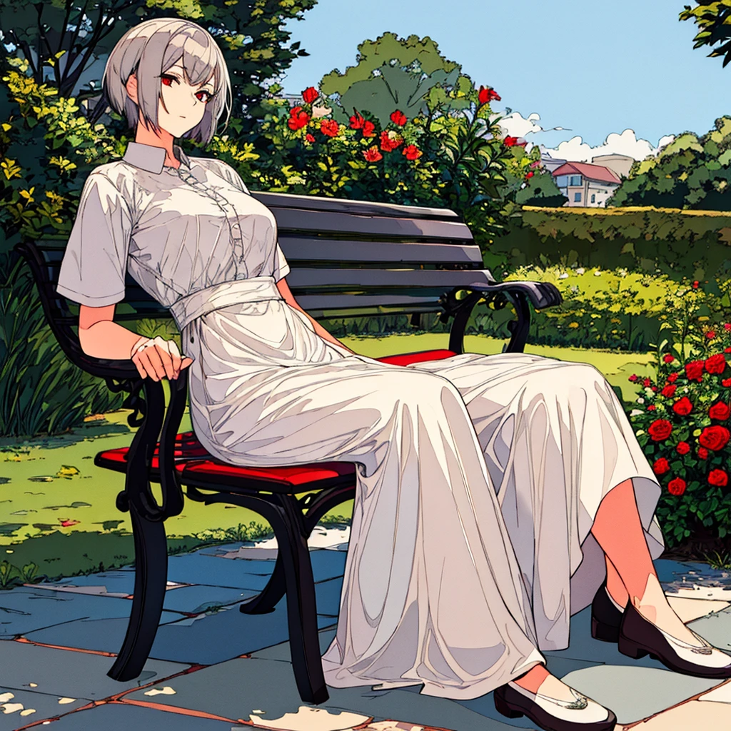 Light gray background, woman sitting on bench, silver hair, short hair, red flower