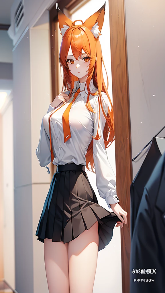 Standing full-length photo in anime style of a cute 20-year-old girl with long orange hair, fox ears. large, delicate body and large bust, wearing sexy clothes, a loose white blouse, a slim orange tie, a short black skirt, white socks and black shoes. white image background.