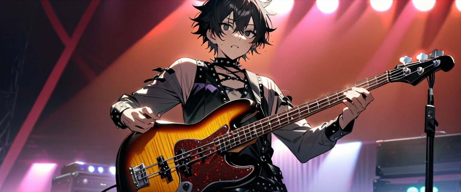 (((masterpiece,Highest quality))),(((A male anime character with messy black hair and black eyes dressed in a spiky patent leather visual kei outfit))),(((Holding and playing a bass guitar))),(((Playing bass guitar on a live stage,He is performing with a straight face while sweating.))),Focus on the upper body,(high quality),アニメ