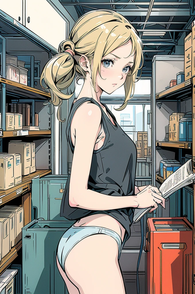 An anime-style illustration. A young woman is wearing a thin tank top and panties and reading a newspaper. The background is a factory-like place, with shelves, machine parts, stacked boxes, and other cluttered items. The overall atmosphere is dim, but the woman is in the spotlight. The woman has blonde hair that is messily tied up.