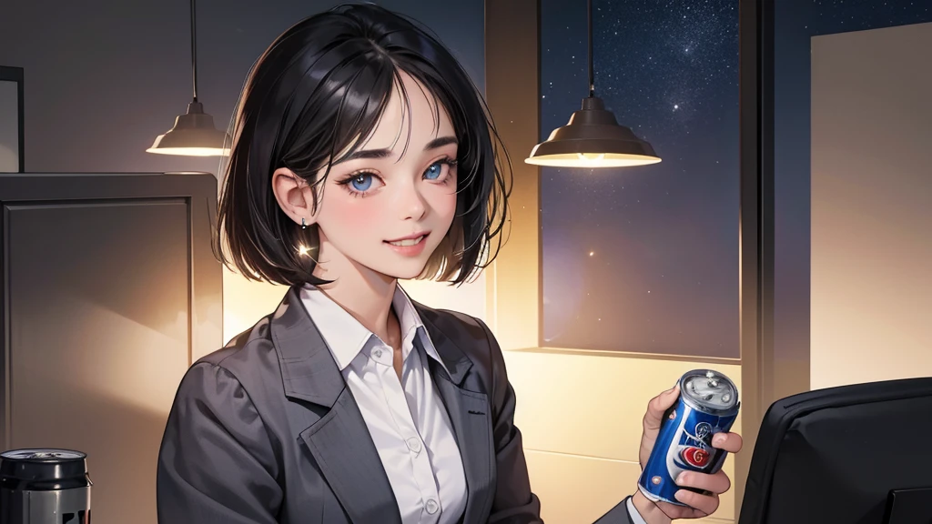(perfect anatomy:1.2)(absurdres, highres, ultra detailed),masterpiece,best quality,high resolution,8k,Realistic face,Realistic skin texture,magnified textures, stunning clarity,detailed anime girl,(ultra detailed eyes and face),(1 girl:1.4),21 years old,office worker,black hair, bob cut,natural make,grey jacket,grey pants,black brouse,sparkling eyes.small nose,roundface,(it corporate office:1.3)standing,brown bag,(No one in the city office:.2),(night),(look at viewer),(giving you a can of coffee:1.2)(Happy Smile:1.2)(bashful:1.2),upper body