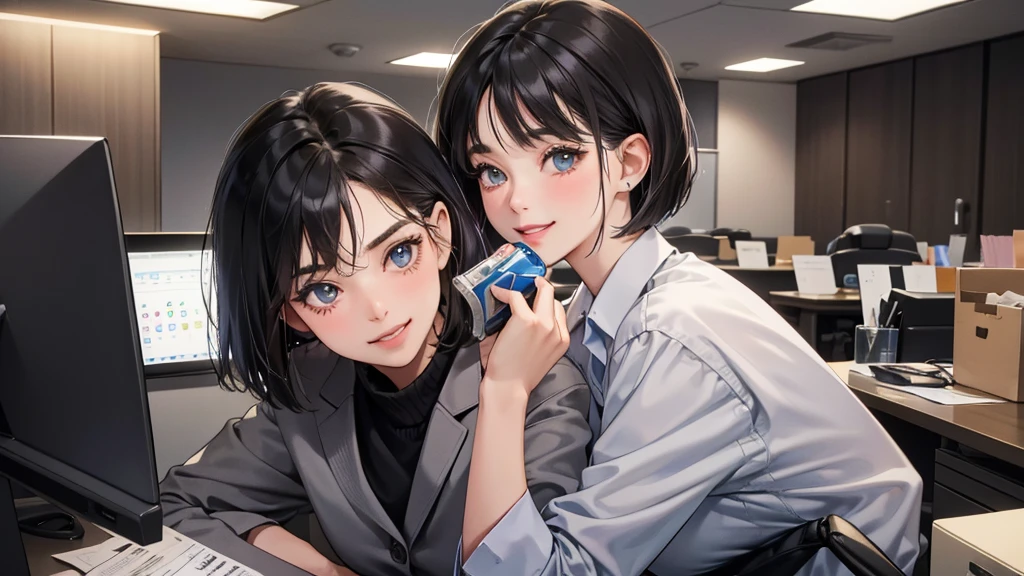 (perfect anatomy:1.2)(absurdres, highres, ultra detailed),masterpiece,best quality,high resolution,8k,Realistic face,Realistic skin texture,magnified textures, stunning clarity,detailed anime girl,(ultra detailed eyes and face),(1 girl:1.4),21 years old,office worker,black hair, bob cut,natural make,grey jacket,grey pants,black brouse,sparkling eyes.small nose,roundface,(it corporate office:1.3)standing,brown bag,(No one in the city office:.2),(night),(look at viewer),(giving you a can of coffee:1.2)(Happy Smile:1.2)(bashful:1.2),upper body
