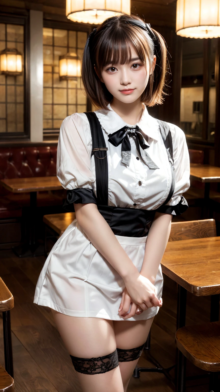 masterpiece, best quality, illustration, Super detailed, fine details, High resolution, 8K,wall paper, perfect dynamic composition,(Details High quality, realistic depiction of eyes:1.3), waitress uniform, restaurant, large breasts, short bob hair、black hair color, Big Natural Color Lip, bold sexy pose, crying a little、little smile, Harajuku style、20 year old girl、cute type、lolita、beautiful legs, gravure idol, Voluptuous thighs