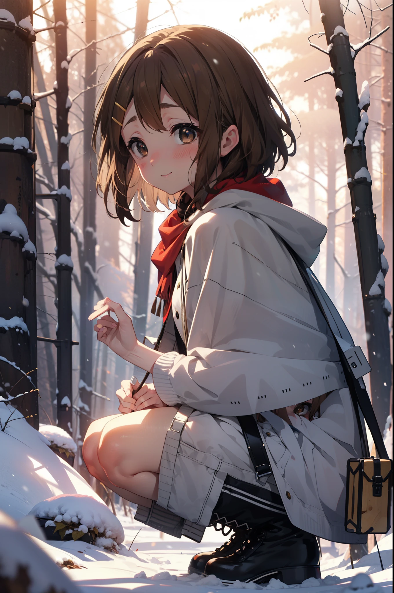 yuihirasawa, Yui Hirasawa, short hair, Brown Hair, hair ornaments, (Brown eyes:1.5), Hair Clip、smile,smile,blush,white breath,
Open your mouth,snow,Ground bonfire,, Outdoor, boots, snowing, From the side, wood, suitcase, Cape, Blurred, , forest, White handbag, nature,  Squat, Mouth closed, Cape, winter, Written boundary depth, Black shoes, red Cape break looking at viewer, Upper Body, whole body, break Outdoor, forest, nature, break (masterpiece:1.2), Highest quality, High resolution, unity 8k wallpaper, (shape:0.8), (Beautiful and beautiful eyes:1.6), Highly detailed face, Perfect lighting, Highly detailed CG, (Perfect hands, Perfect Anatomy),