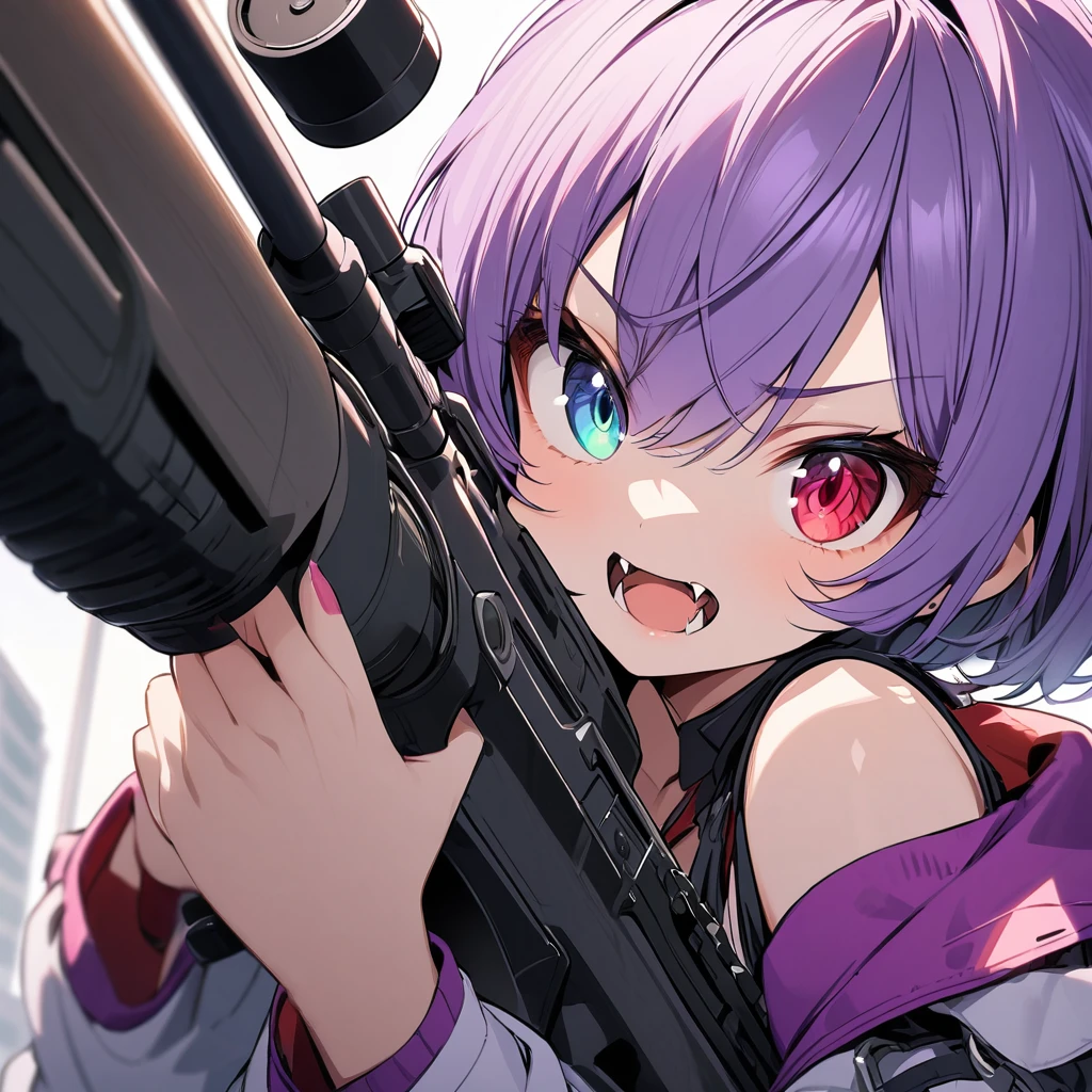 high resolution ,cute ,One Woman , Purple Hair, short hair , Fangs Beautiful Eyes ,Purple and red heterochromia ,♰Eyes and shoulders are protruding ,Jacket ,Possessing a sniper rifle