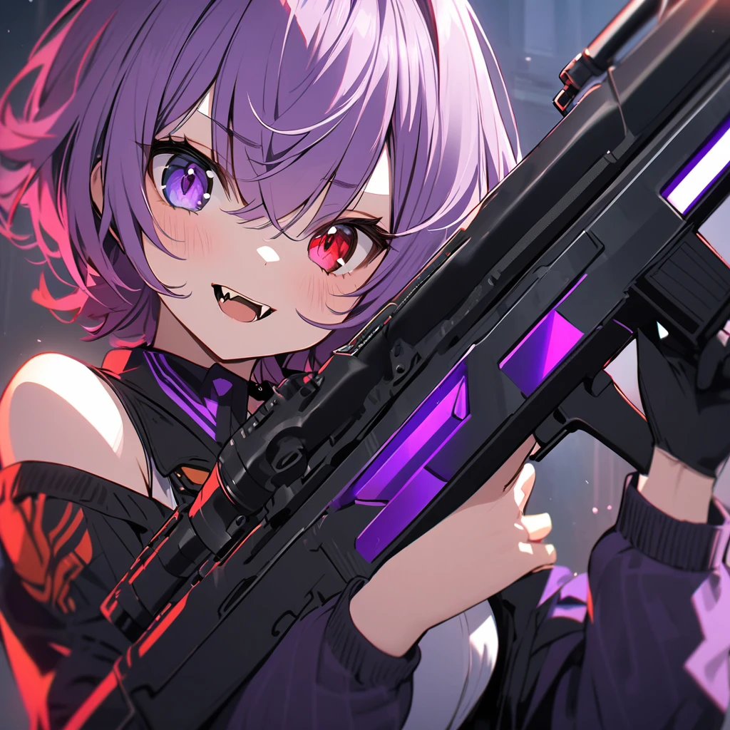 high resolution ,cute ,One Woman , Purple Hair, short hair , Fangs Beautiful Eyes ,Purple and red heterochromia ,♰Eyes and shoulders are protruding ,Jacket ,Possessing a sniper rifle