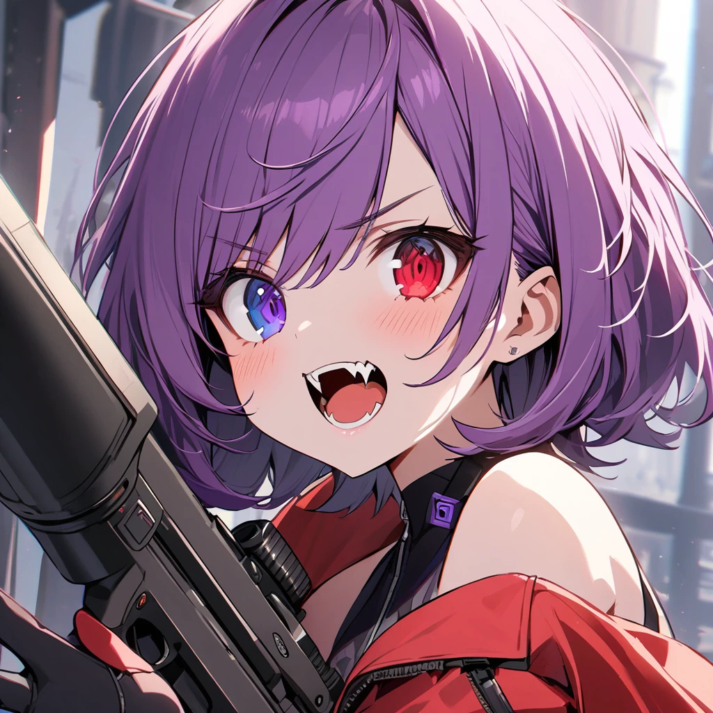 high resolution ,cute ,One Woman , Purple Hair, short hair , Fangs Beautiful Eyes ,Purple and red heterochromia ,♰Eyes and shoulders are protruding ,Jacket ,Possessing a sniper rifle