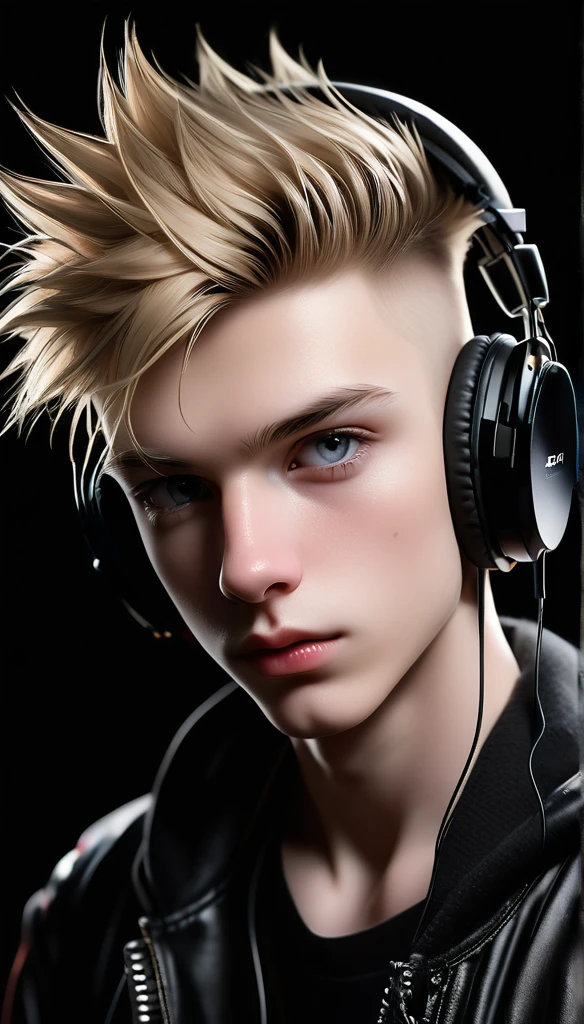 Meticulous, analog style, focus on the eyes, highest quality, (highly detailed skin), photo of very handsome pale skin Dutch punk boy, 21 years old, (wearing headphones), perfect face, pore skin, (penetration:0.5), black background, (bokeh:0.6), sharp focus, grainy lighting, (backlight:0.7), film grain, photographed with Sony A7R IV camera, 18mm F/1.7 cine lens, (highly detailed, intricate detail), 8k, HDR, front view, (upper body: 0.9)