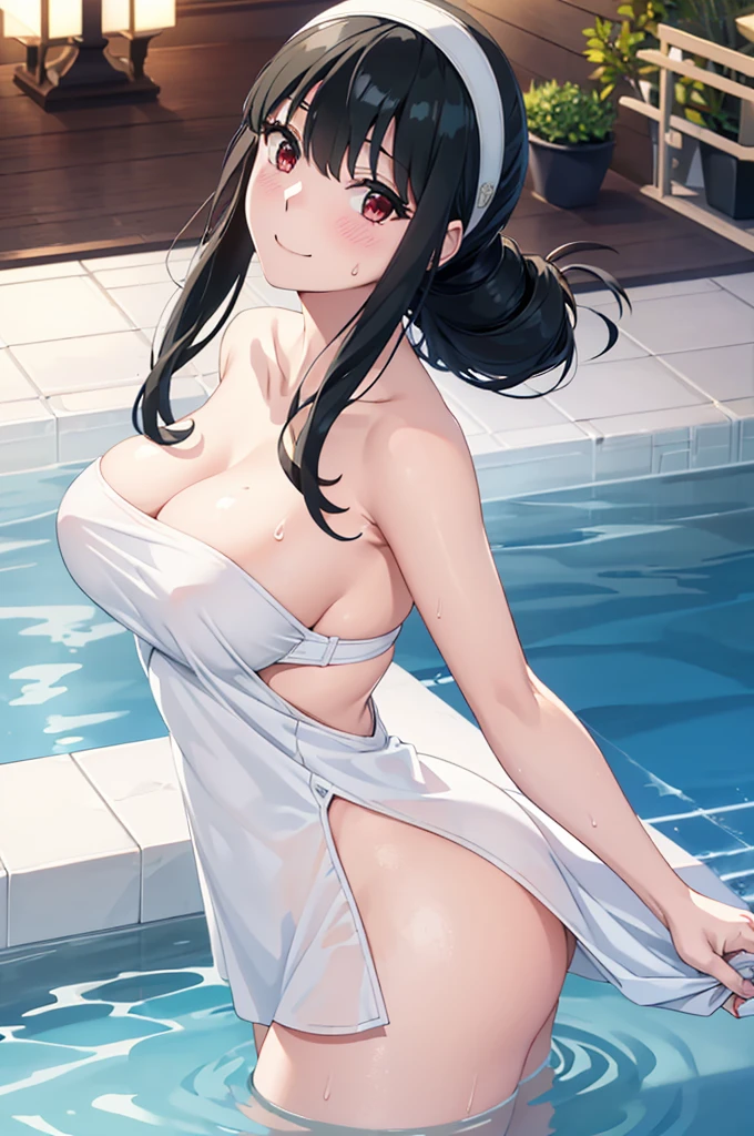 ((Highest quality、Best image quality、Ultra-high resolution、Ultra-high resolutionで描画、alone、Bright red eyes、Very beautiful adult woman、非常に精細なBeautiful Face、very fine and beautiful eyes、Innocence、Beautiful gesture、シンメトリーのBeautiful Face))、1 girl、Realistic、Written boundary depth、charm、Beautiful Face、Cleanliness、Pure Face、Glowing Skin、Black Hair、Ezvian Everywhere、((Golden RatioのBeautiful Face、Golden Ratio、Expose your hips、Expose your shoulders))、Long neck、Neat long hair with bangs、Perfect Fingers、Perfect hands、Perfect body、Perfect Face、Shine a light into your eyes、Perfect Anatomy、Tall Supermodels、Long-legged supermodel、Long neck、Broad shoulders、stand、観客にsmileを向ける、Laughter、smile、Beautiful neckline、Focus on your audience、Shadow Fade、Tilt your head、White hair band、Black Hair、Open-air bath returnground、vapor、Wrapped in a bath towel、White bath towel、vapor returnground、A little is free、Buttを向けている、Backwards、Buttを突き出している、Buttをカメラに向ける、Butt、return、turn around、Scapula、Soak in the bathtub、Large outdoor bathroom、Large bath、Plants、night、Cypress bath、steamが立ち込める、Large bath、Pool、薄暗いnight、Open-air bath、moon、night空、steam、In the mountains、bath surrounded by rocks、Sweaty、濡れたButt、大きなButt、nightの背景