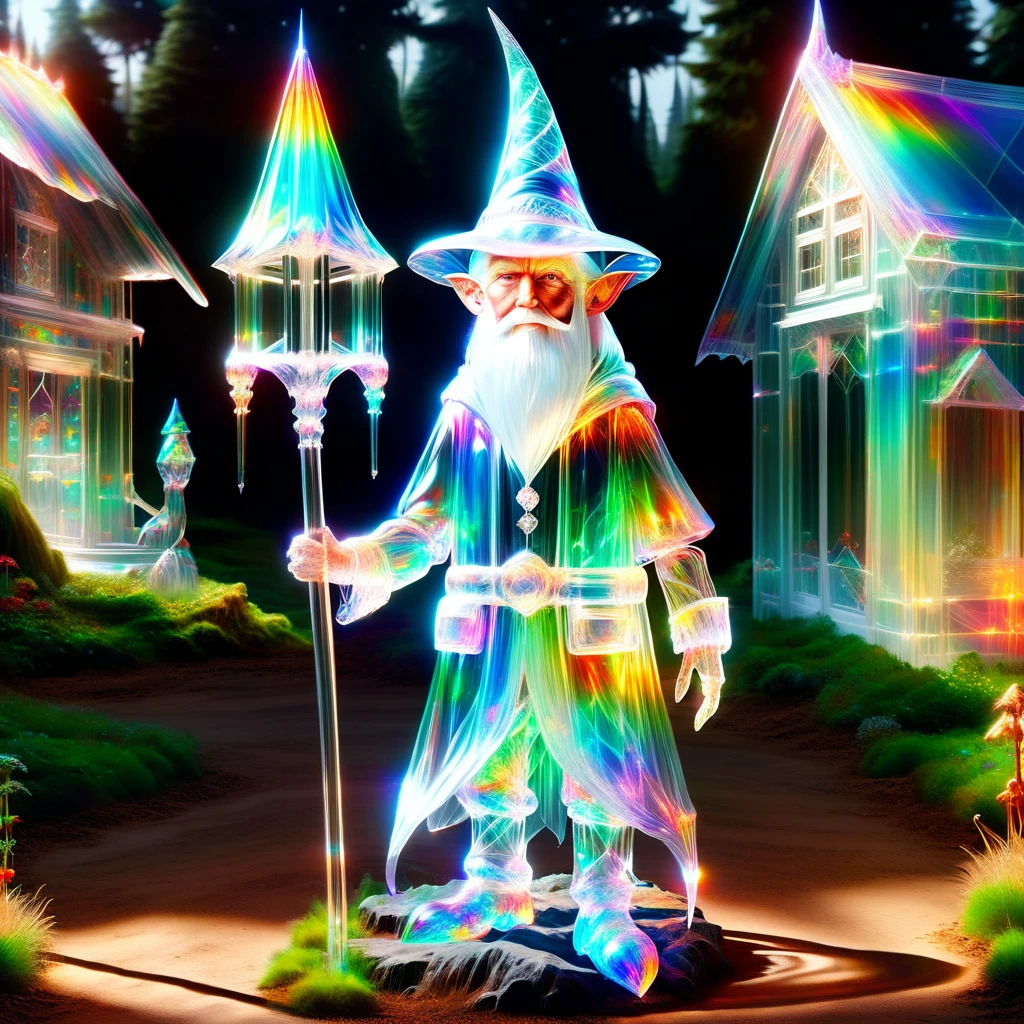 hyper detailed masterpiece, dynamic realistic digital art, incredible quality,transparentes, translucent elf, little creature Donald Trump, long white beard, Pointy hat , practical rustic clothing, Carry a staff, guardian of the house and farm, Good luck, protection DonMSp3ctr4lXL