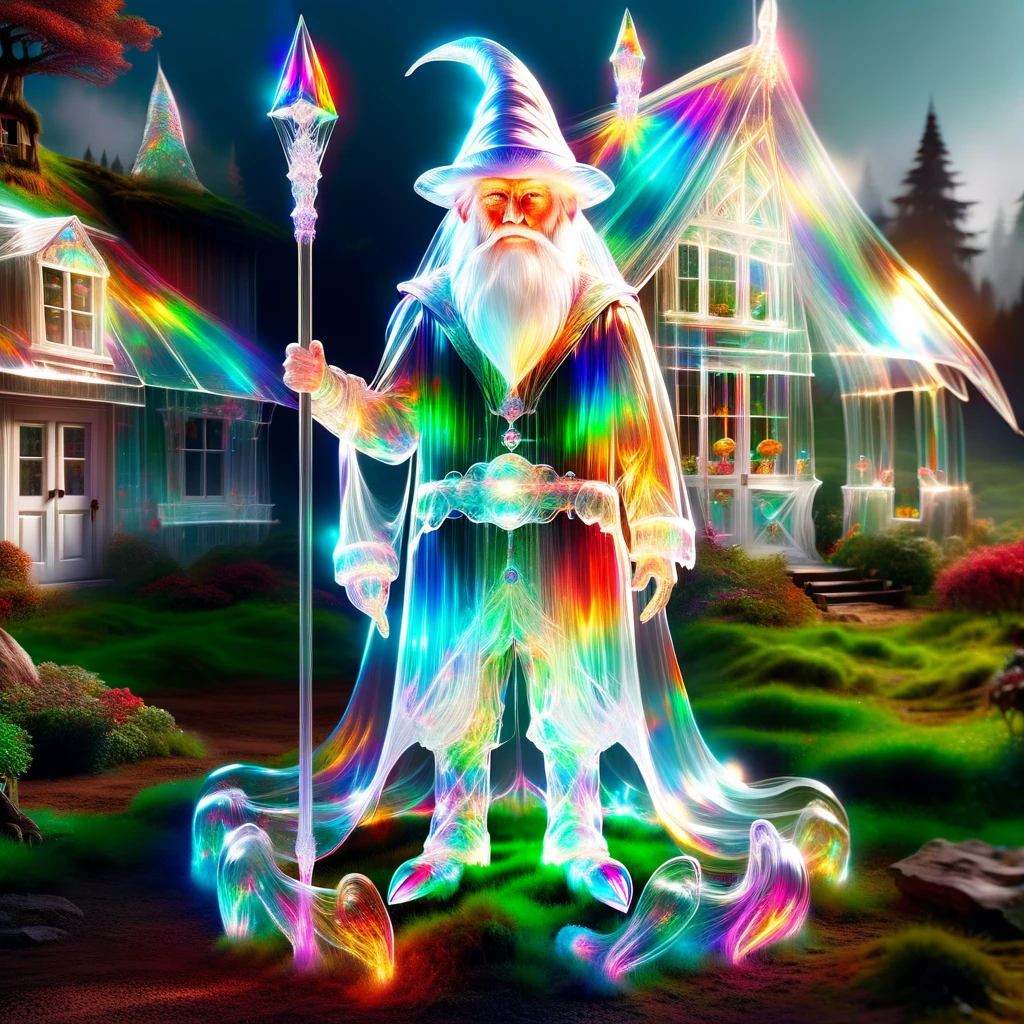 hyper detailed masterpiece, dynamic realistic digital art, incredible quality,transparentes, translucent elf, little creature Donald Trump, long white beard, Pointy hat , practical rustic clothing, Carry a staff, guardian of the house and farm, Good luck, protection DonMSp3ctr4lXL