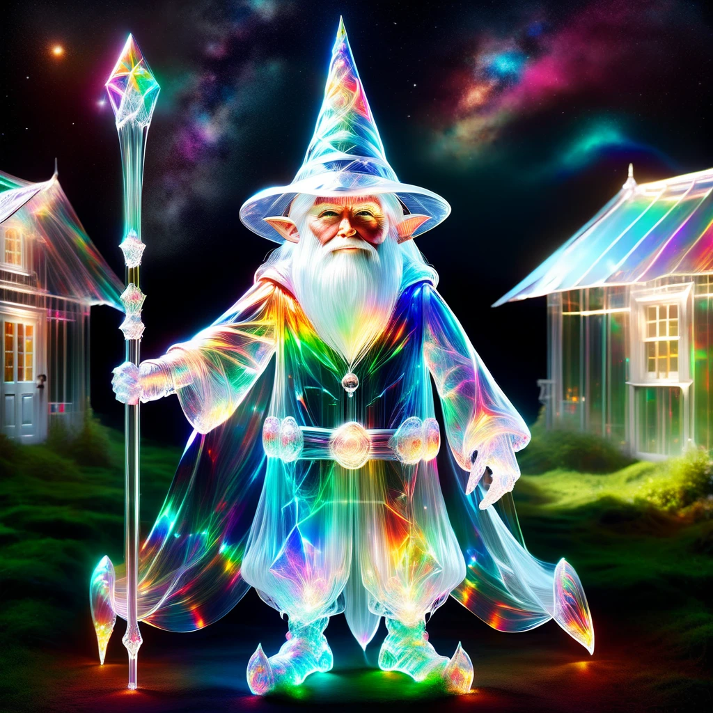 hyper detailed masterpiece, dynamic realistic digital art, incredible quality,transparentes, translucent elf, little creature Donald Trump, long white beard, Pointy hat , practical rustic clothing, Carry a staff, guardian of the house and farm, Good luck, protection DonMSp3ctr4lXL