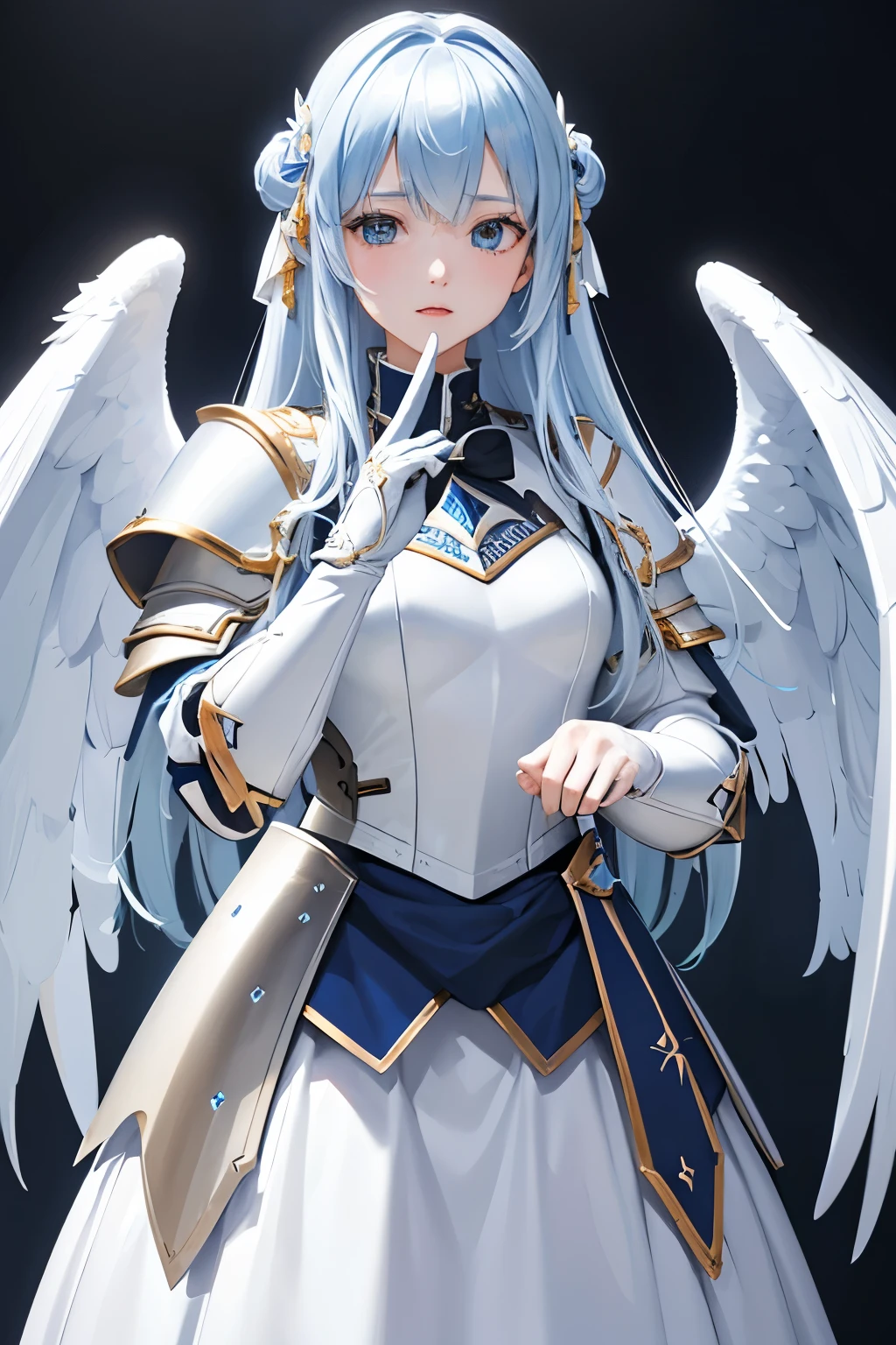 Knights of Paradise、White and blue armor、Plate Armor、Skirt Armor、3Pair of Angel Wings、Lord Gabriel、(((SFW、sound、Highest quality、first-clasasterpiece、Normal body、8k、Detailed face、Ultra-precision、Normal hand、Normal finger、5Finger、Highest)))
