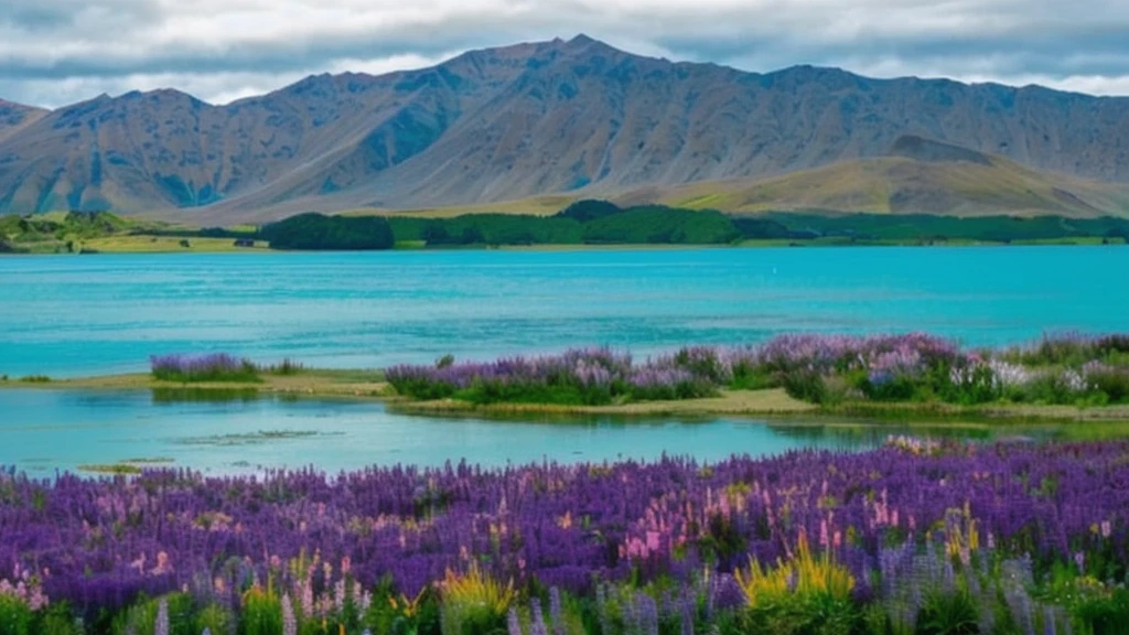 a view of a lake with purple flowers in the foreground, new zealand landscape, new zealand, new zeeland, golden bay new zealand, breathtaking landscape, breath taking, purple and blue and green colors, natural landscape beauty, vibrant vivid colors, scenic colorful environment, beautiful place, vivid landscape, vivid and vibrant, a beautiful landscape, stunning scenery, breathtaking scenery