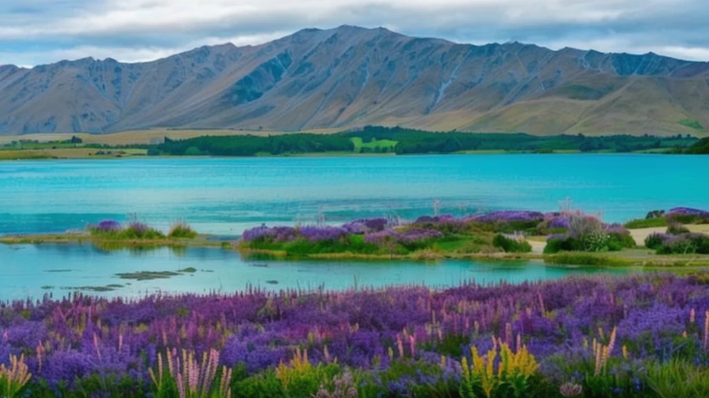 a view of a lake with purple flowers in the foreground, new zealand landscape, new zealand, new zeeland, golden bay new zealand, breathtaking landscape, breath taking, purple and blue and green colors, natural landscape beauty, vibrant vivid colors, scenic colorful environment, beautiful place, vivid landscape, vivid and vibrant, a beautiful landscape, stunning scenery, breathtaking scenery