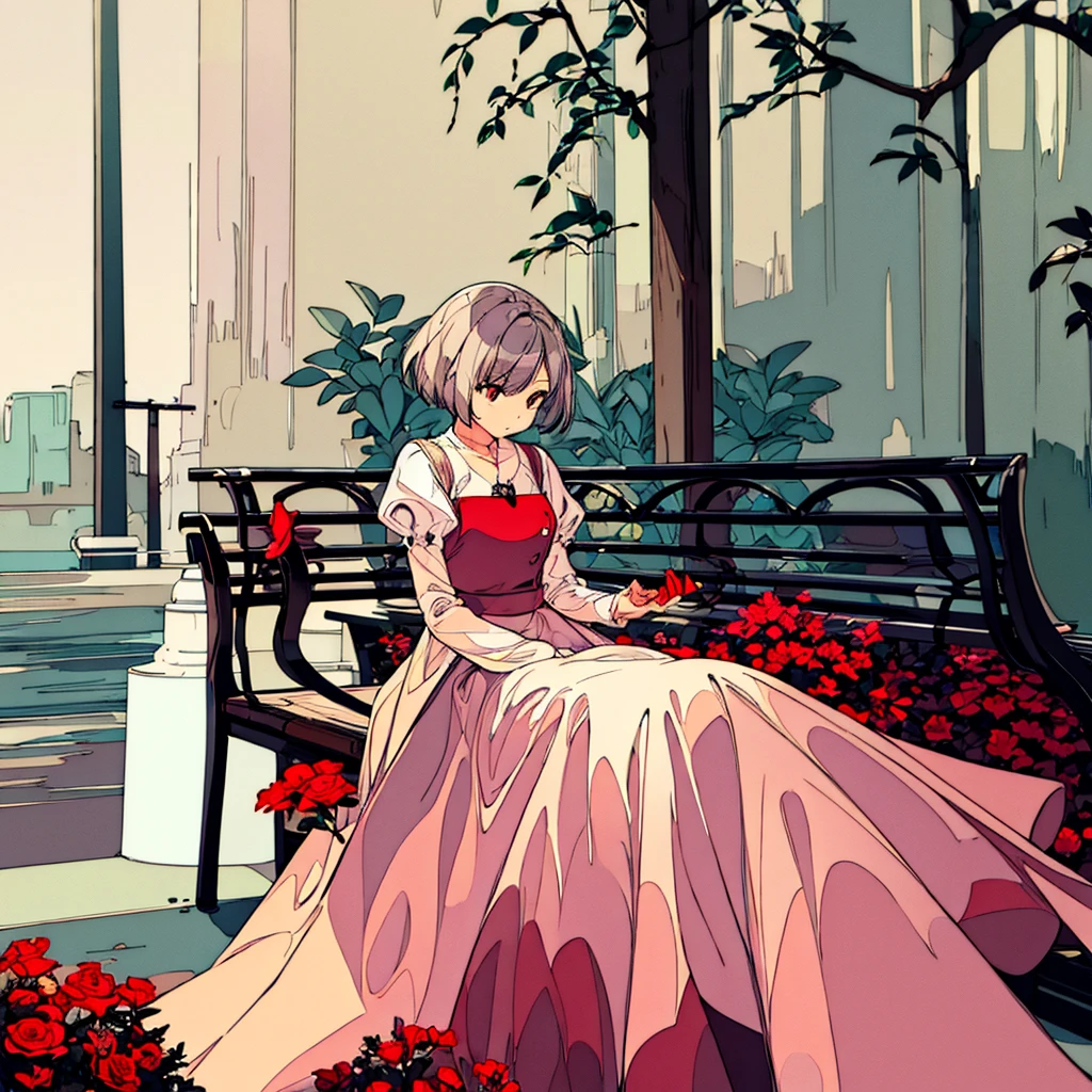 Light gray background, woman sitting on bench, silver hair, short hair, red flower