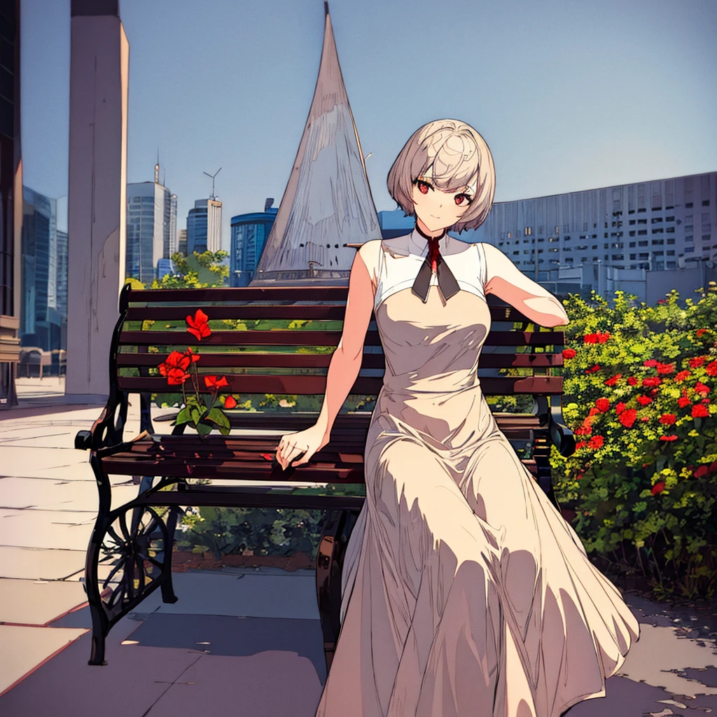 Light gray background, woman sitting on bench, silver hair, short hair, red flower