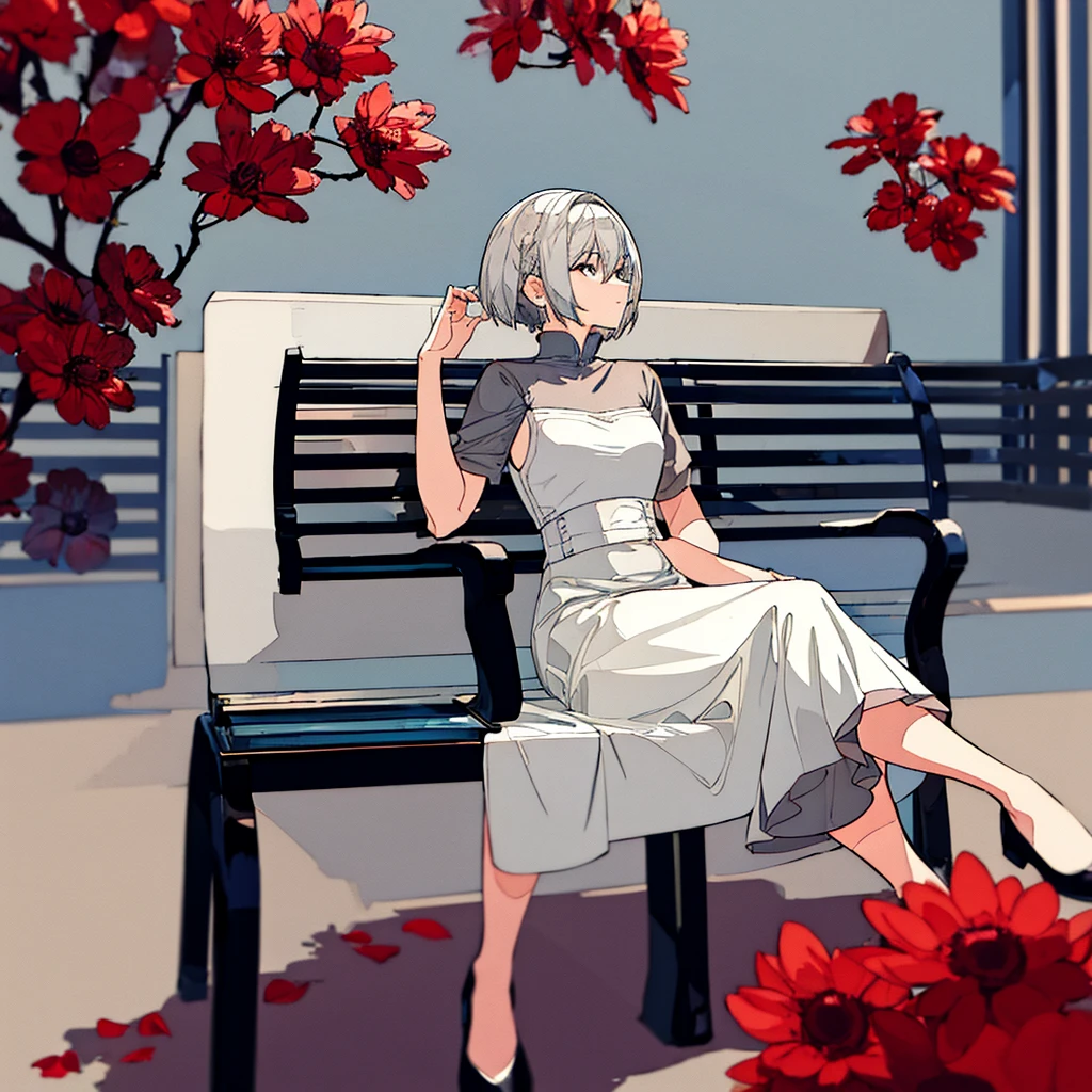 Light gray background, woman sitting on bench, silver hair, short hair, red flower