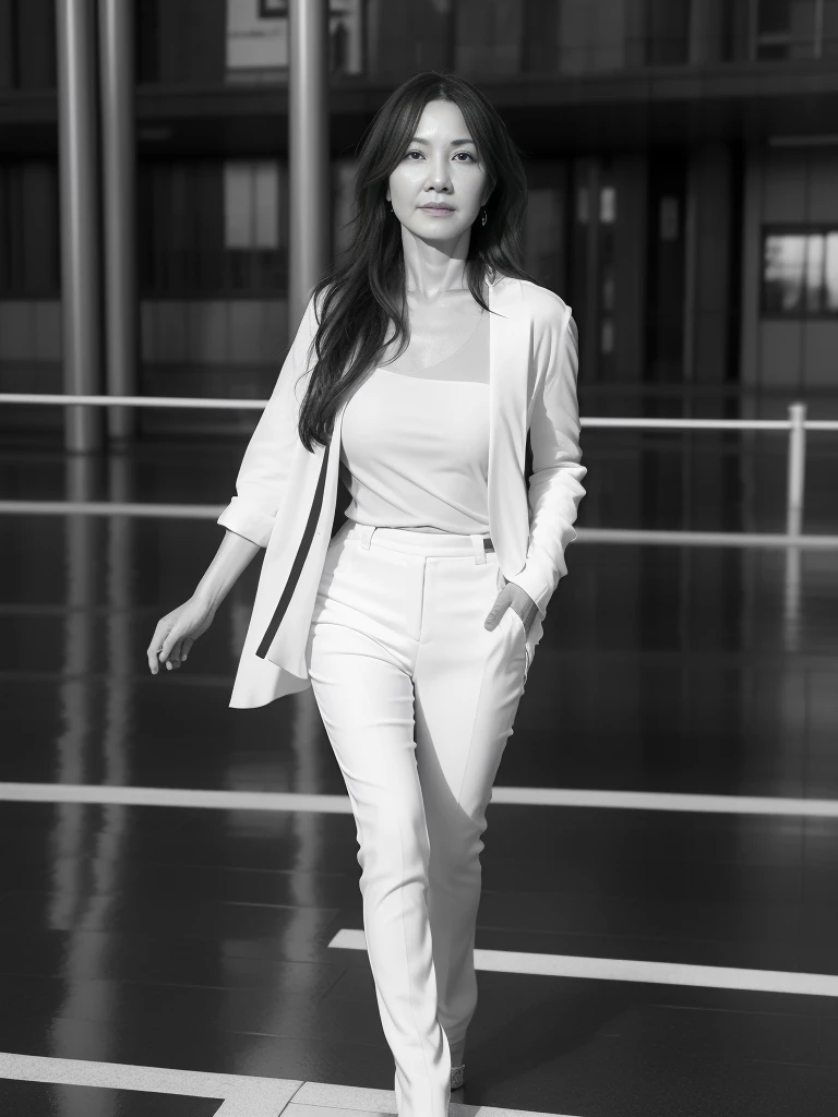 ((Highest quality)), ((8k)), ((masterpiece: 1.3)), (Perfect appearance), (Photorealism: 1.6), ((grayscale: 1.4)), (JMA), (KE), (Rainy city street corner), (雨に濡れて歩く1人のJapanese Mature), BREAK(傘無しで歩くJapanese Mature),BREAK (Sidewalk in an office district), (Detailed Background), (Heavy rain), (Soaking wet), (Full body portrait), (60 years old, Japanese Mature), ((Realistic skin texture)), (Fine wrinkles all over the skin), (Dullness), (Facial wrinkles), (Wrinkles around the eyes), double eyelid, Tear bags under the eyelids, Melancholic expression, Raindrops running down my face, Short bangs, Straight Short Hair, Rain-soaked hair, (Raindrops on hair), (Sexy blouse), (Pale beige flared pants), (Shirts that get wet and adhere to the skin),  (A wet shirt is transparent), (Wet flare pants are visible through the fabric), High heels,