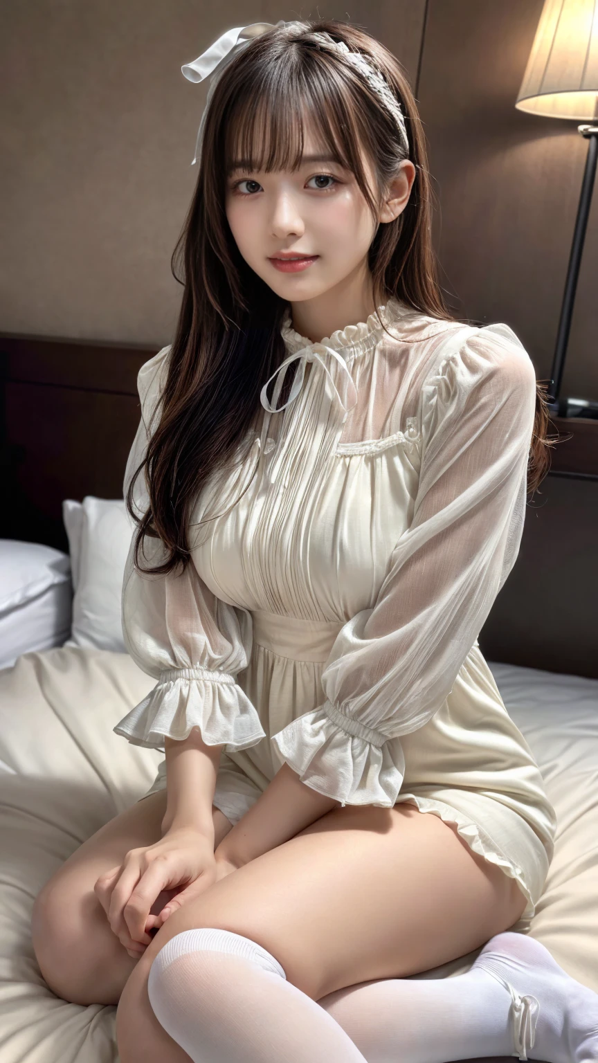 (absurdres:1.3), (highres:1.3), (ultra detailed:1.3),(1girl:1.3), (extremely detailed CG unity 8k wallpaper:1.3), (detailed skin texture, detailed cloth texture, detailed hair texture), (beautiful detailed face, supermodel, pale skin, realistic glistening skin), (RAW photo, best quality), (realistic, photo-realistic:1.4), masterpiece, extremely delicate and beautiful,Amazing, finely detail, extremely detailed CG unity 8k wallpaper, huge filesize, ultra-detailed, highres, absurdres, soft light,rim light, vibrant details, (hotel room:1.2), short bob hair, black hair color, Big Natural Color Lip, large breasts, (perfect body shape), beautiful legs, BREAK ((high-quality color that combines light-beige and ivory-white) theme:1.4), (tone on tone:1.3), ((classic fashion, girly fashion):1.3), (layering:1.3), (wearing a (maxi length light-beige pinafore dress) over a (long bell bottom sleeve ivory-white victorian blouse with white jabot):1.4), ((fit body, emphasized body line):1.3), (fine satin fabric:1.4), ((ruffles, floral lace):1.3), (white ankle socks with ruffle trim:1.2), (white ribbon on hair:1.4), (pumps:1.1),
 crying a little、little smile, Harajuku style、20 year old girl