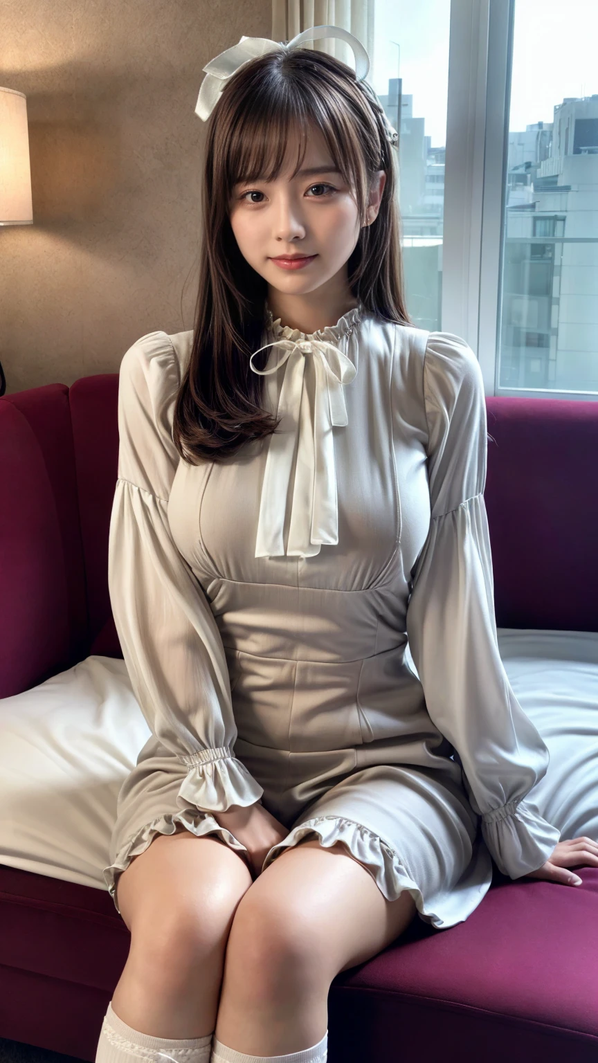 (absurdres:1.3), (highres:1.3), (ultra detailed:1.3),(1girl:1.3), (extremely detailed CG unity 8k wallpaper:1.3), (detailed skin texture, detailed cloth texture, detailed hair texture), (beautiful detailed face, supermodel, pale skin, realistic glistening skin), (RAW photo, best quality), (realistic, photo-realistic:1.4), masterpiece, extremely delicate and beautiful,Amazing, finely detail, extremely detailed CG unity 8k wallpaper, huge filesize, ultra-detailed, highres, absurdres, soft light,rim light, vibrant details, (hotel room:1.2), straight hair, black hair color, Big Natural Color Lip, large breasts, (perfect body shape), beautiful legs, BREAK ((high-quality color that combines light-beige and ivory-white) theme:1.4), (tone on tone:1.3), ((classic fashion, girly fashion):1.3), (layering:1.3), (wearing a (maxi length light-beige pinafore dress) over a (long bell bottom sleeve ivory-white victorian blouse with white jabot):1.4), ((fit body, emphasized body line):1.3), (fine satin fabric:1.4), ((ruffles, floral lace):1.3), (white ankle socks with ruffle trim:1.2), (white ribbon on hair:1.4), (pumps:1.1),
crying a little、little smile, Harajuku style、20 year old girl