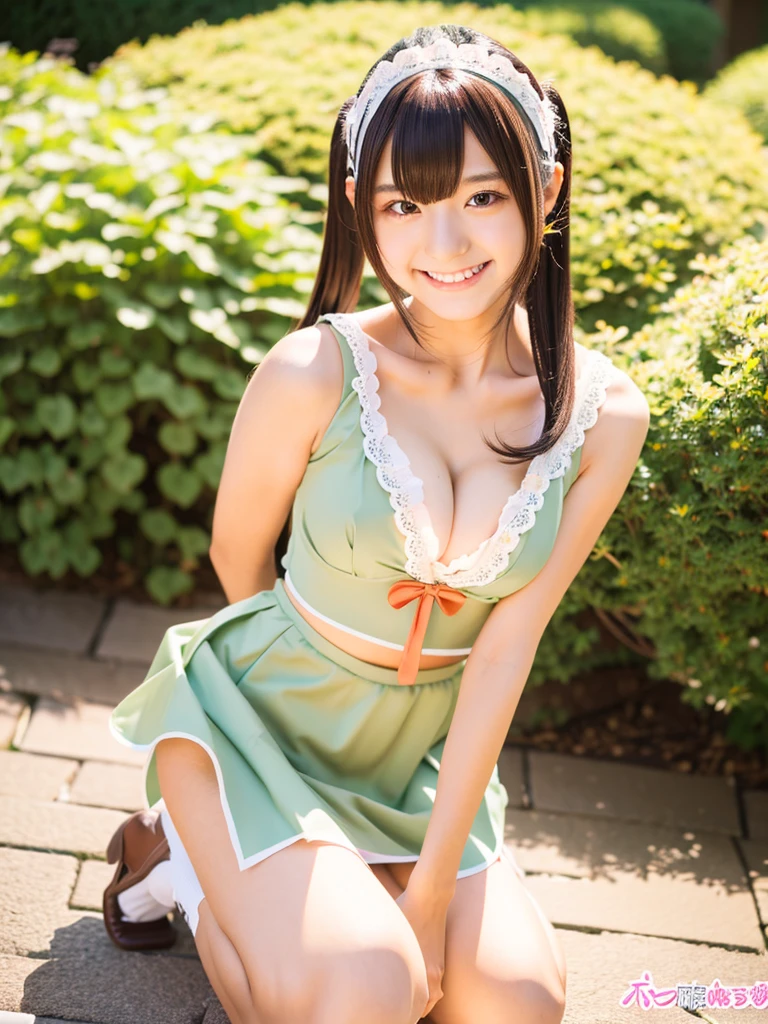 A 20-year-old maid with a cute face like an idol and a naughty personality Smiling Kindly Japanese maid cafe outfit Maid clothes mini skirt Cosplay Cleavage Medium bust garden Crouching Showing her panties Showing her panties RAW Photos Natural light Genuine Genuine Real Stick High resolution RAW Photos