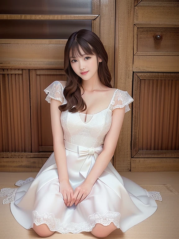 Photo-realistic quality、A woman in a white dress is sitting on the floor,  Gorgeous Young Japanese Woman, Beautiful Japanese Women,  Romantic Dress, Beautiful young Japanese woman,  Elegant white dress, Cute Japanese Idol、looking at the camera、Detailed and beautiful eyes、Cute smile、Relaxed and gentle expression