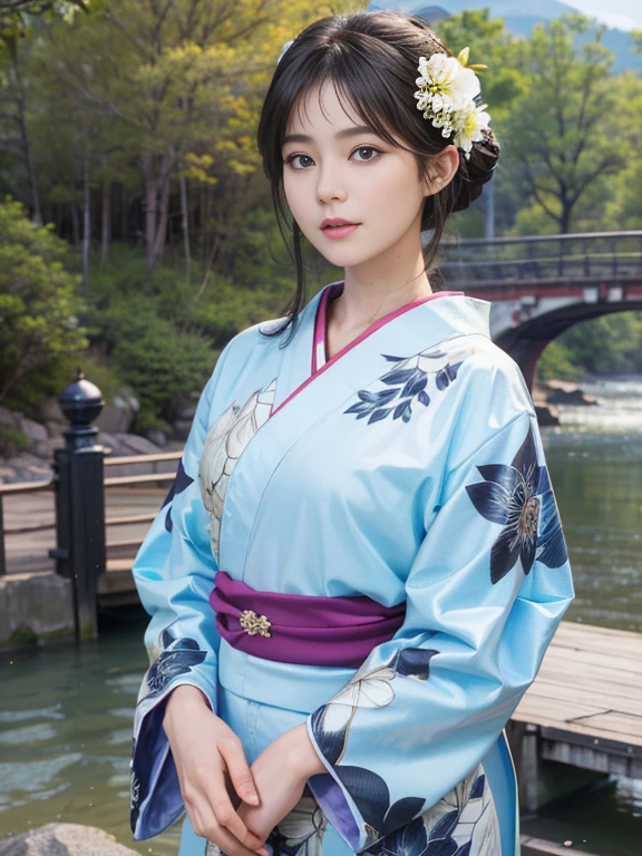 (Highest quality、 8k 、masterpiece、High resolution)、(whole body)、Vibrant colors、Brown-black bob、Traditional round topknot、Ample breasts、(Highly detailed face and eyes、Beautiful Face、Beautiful Eyes、Beautiful nose、Pretty lips)、 (Beautiful woman standing on a riverside observation deck)、(A friendly gaze)、(Oh!!Facial expression that)、(Vivid floral patterned kimono)、Official Art、 The background is a wide river、Nearby bridge、Riverside streetscape、Mountains in the distance、Detailed CG、