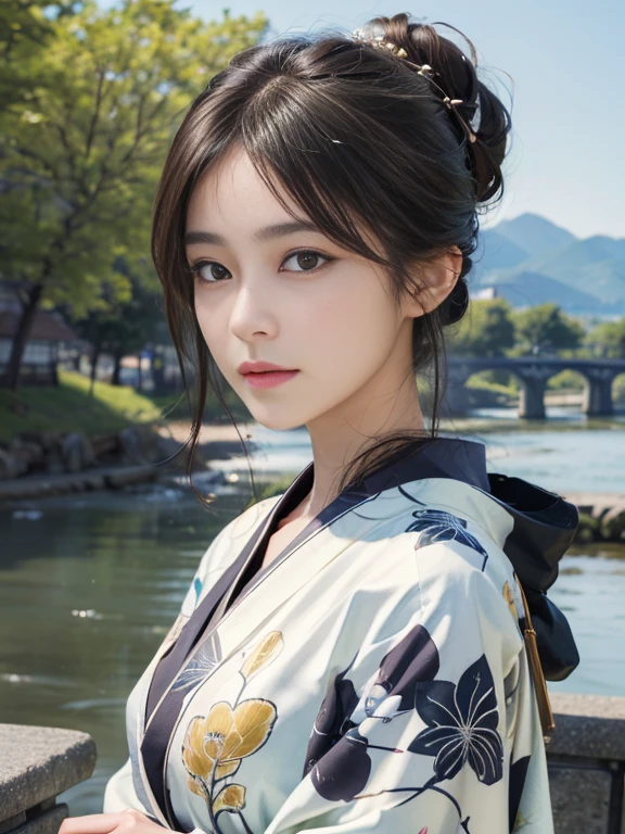 (Highest quality、 8k 、masterpiece、High resolution)、(whole body)、Vibrant colors、Brown-black bob、Traditional round topknot、Ample breasts、(Highly detailed face and eyes、Beautiful Face、Beautiful Eyes、Beautiful nose、Pretty lips)、 (Beautiful woman standing on a riverside observation deck)、(A friendly gaze)、(Oh!！Facial expression that)、(Vivid floral patterned kimono)、Official Art、  The background is a wide river、Nearby bridge、Riverside streetscape、Mountains in the distance、Detailed CG、