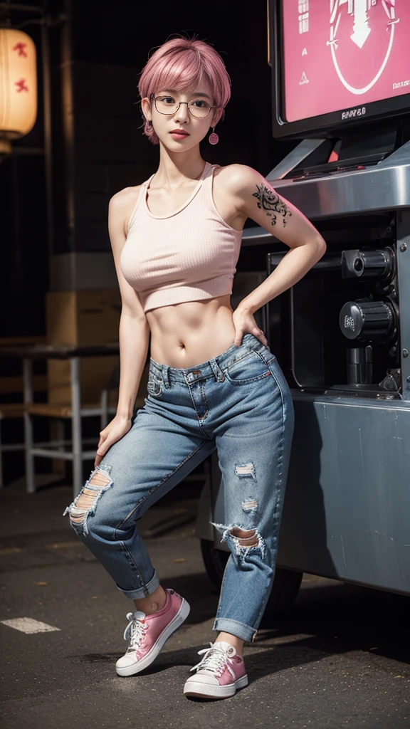 Cute Japanese woman, (16 years old), (very cute face: 1.3), red lips, white moist skin, mole, melancholy expression, (glasses: 1.2),
BREAK,
Female fitness model body, hard-toned feminine body, (muscles: 1.2), (beautiful belly button),
BREAK,
Martial artist, kung fu fighter, idol,
BREAK,
(oversized jeans: 1.3), (tank top), (white sneakers: 1.3), very large earrings, short length,
BREAK,
Short hair, (short bob hair), (bangs: 1.2), (pink hair: 1.3), (wavy hair),
BREAK,
(very large machine gun: 1.4), (holding machine gun: 1.3), (fighting: 1.2), (taking a fighting stance), (firing machine gun: 1.2)
BREAK,
(Japanese tattoo: 1.4),
BREAK,
Masterpiece, Perfect lighting, Ultra high resolution, 8K, (Highly detailed:1.4), (Front view), Looking at camera,
BREAK,
(Red and white big radio tower:1.2), (Big radio tower background:1.2), (Neon lights:1.2)