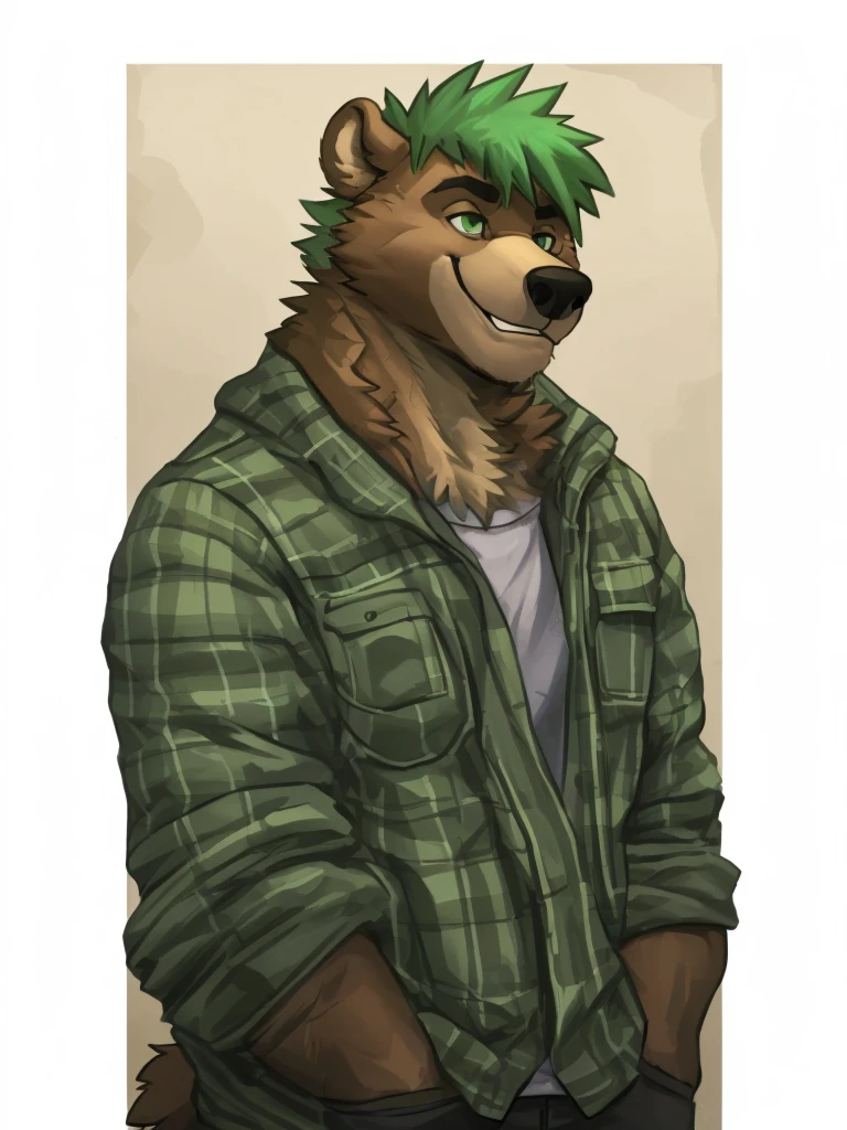 A muscular caramel brown colored fur anthropomorphic grizzly bear, himbo body, closed smile, green hair, green eyes, dressed with a casual clothes, standing, high quality furry art.