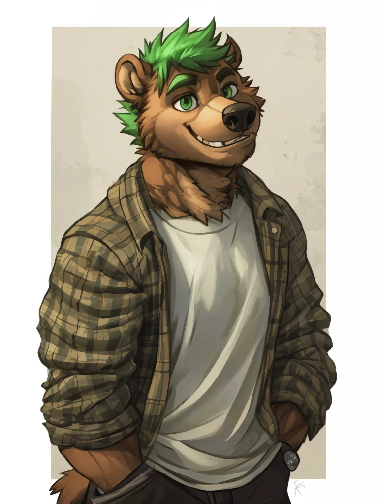 A muscular caramel brown colored fur anthropomorphic grizzly bear, himbo body, closed smile, green hair, green eyes, dressed with a casual clothes, standing, high quality furry art.