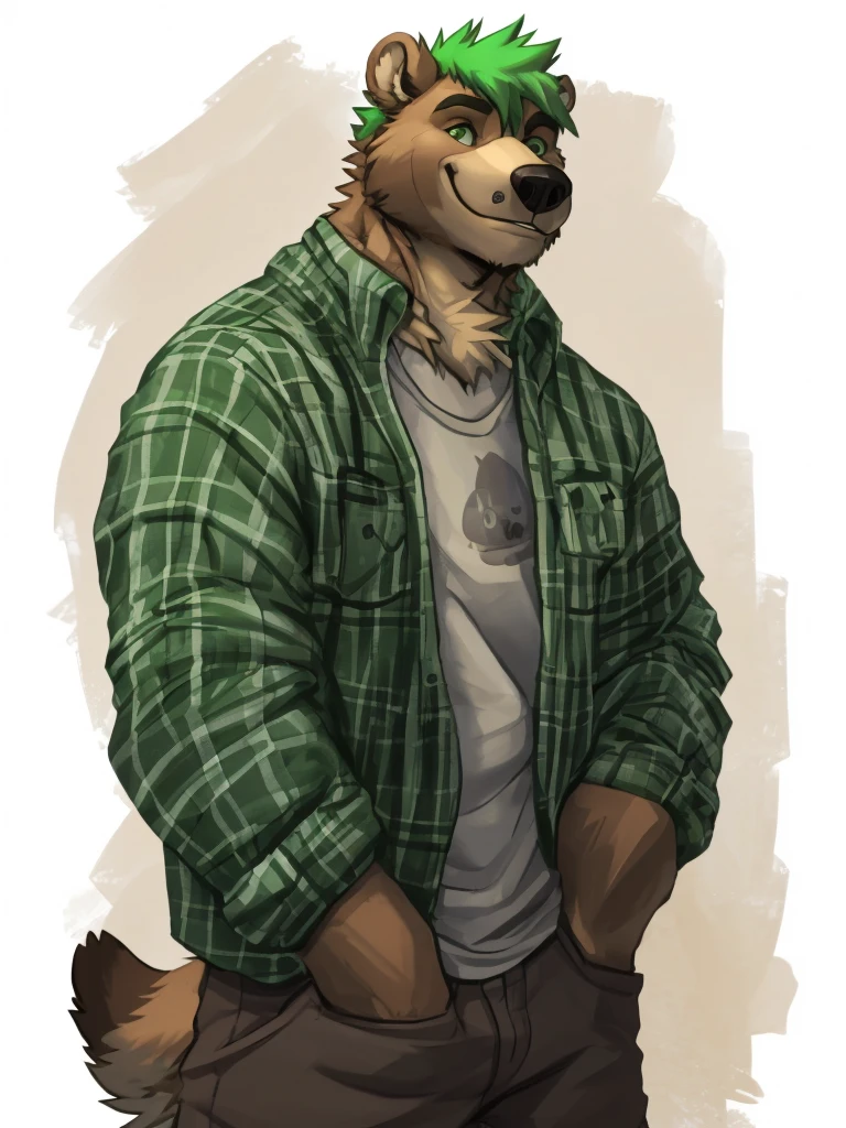 A muscular caramel brown colored fur anthropomorphic grizzly bear, himbo body, closed smile, green hair, green eyes, dressed with a casual clothes, standing, high quality furry art.